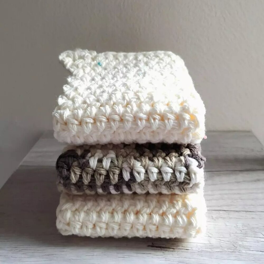 3 Crochet DISHCLOTH WASHCLOTH 100% Cotton Handmade Brown Variegated Off White